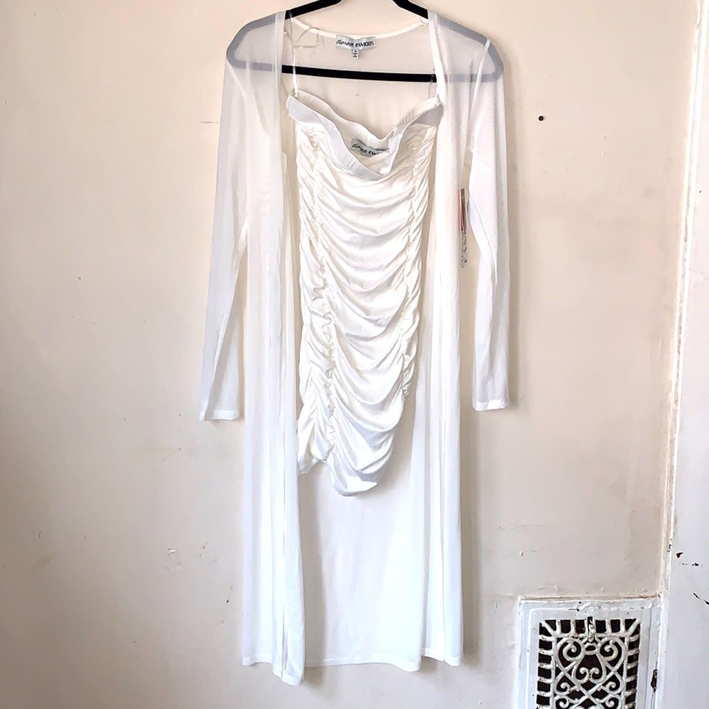 2PC Ivory Ruched Tube Dress with Sheer Duster Set